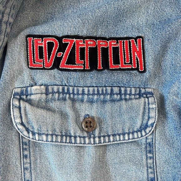 Vintage Led Zeppelin Denim Shirt with Red Plaid Flannel Lining - Picture 2 of 5